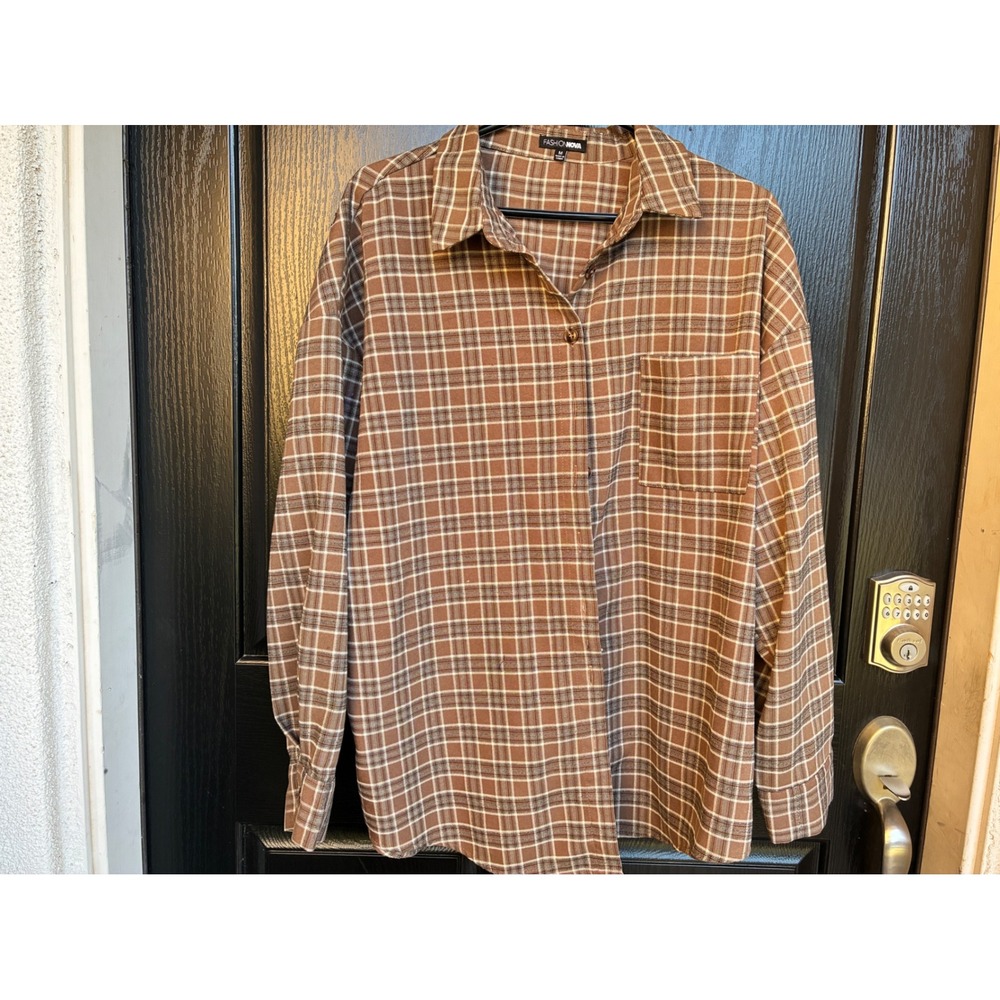 Fashion Nova Brown Plaid Button Down Flannel Shirt Oversized Long Sleeve Medium